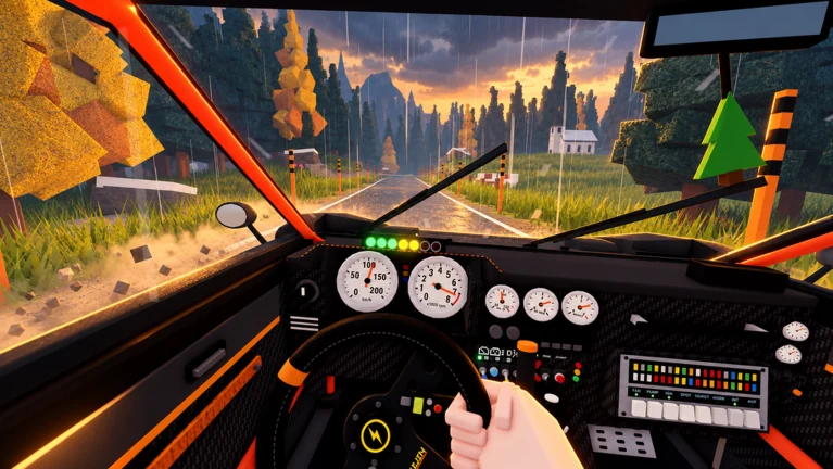 The Backseat Rally cockpit with gauges and a windshield wiper on a rainy forest road.