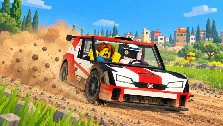 A driver and co-driver in a red-and-white rally car on a gravel road in Backseat Rally.