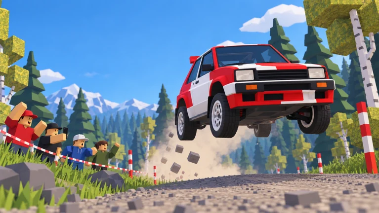 A red-and-white Backseat Rally car airborne above a forest road, with spectators alongside.