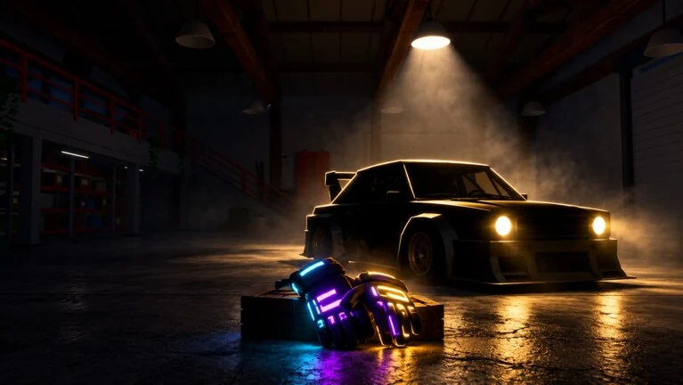 A rally car and illuminated gloves in the official Backseat Rally weekend tournament announcement image.